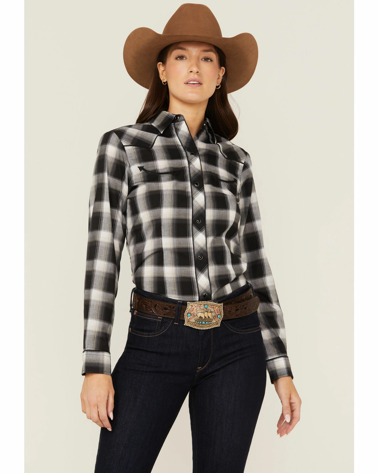 Roper Women's Plaid Print Long Sleeve Western Snap Shirt Black 3 Roper Women's Plaid Print Long Sleeve Western Snap Shirt Black