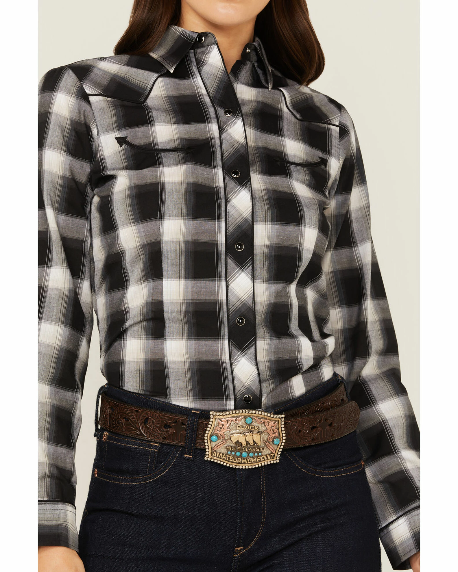 Roper Women's Plaid Print Long Sleeve Western Snap Shirt Black 5 Roper Women's Plaid Print Long Sleeve Western Snap Shirt Black - Image 3