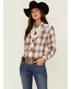 Roper Women's Embroidered Plaid Print Long Sleeve Western Snap Shirt Brown