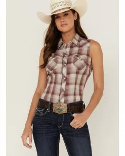 Roper Women's Plaid Print Sleeveless Snap Western Shirt Brown -Roper Shop 2000358922 200 P1 1