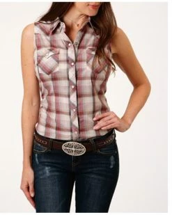 Roper Women's Plaid Print Sleeveless Snap Western Shirt - Plus Brown -Roper Shop 2000358923 200 P1 1