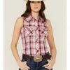 Roper Women's Classic Plaid Print Sleeveless Western Snap Shirt Red -Roper Shop 2000358924 600 P1