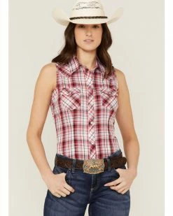 Roper Women's Classic Plaid Print Sleeveless Western Snap Shirt Red