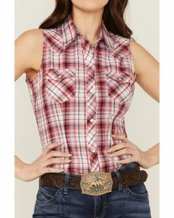 Roper Women's Classic Plaid Print Sleeveless Western Snap Shirt Red -Roper Shop 2000358924 600 P3