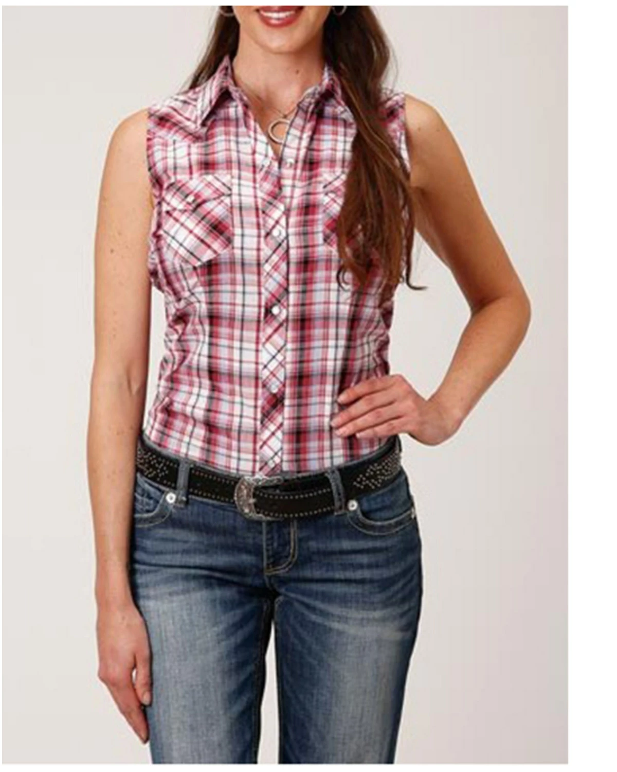 Roper Women's Classic Plaid Print Sleeveless Western Snap Shirt - Plus Red 5 Roper Women's Classic Plaid Print Sleeveless Western Snap Shirt - Plus Red - Image 3