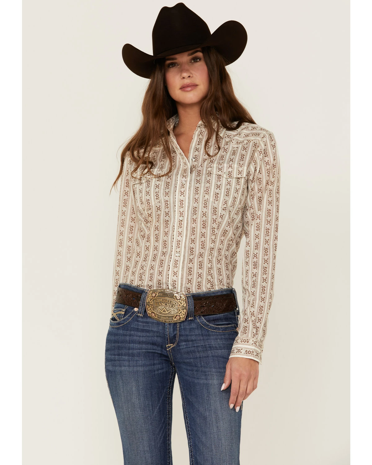 Roper Women's Floral Stripe Print Long Sleeve Snap Western Shirt Brown 7 Roper Women's Floral Stripe Print Long Sleeve Snap Western Shirt Brown - Image 5