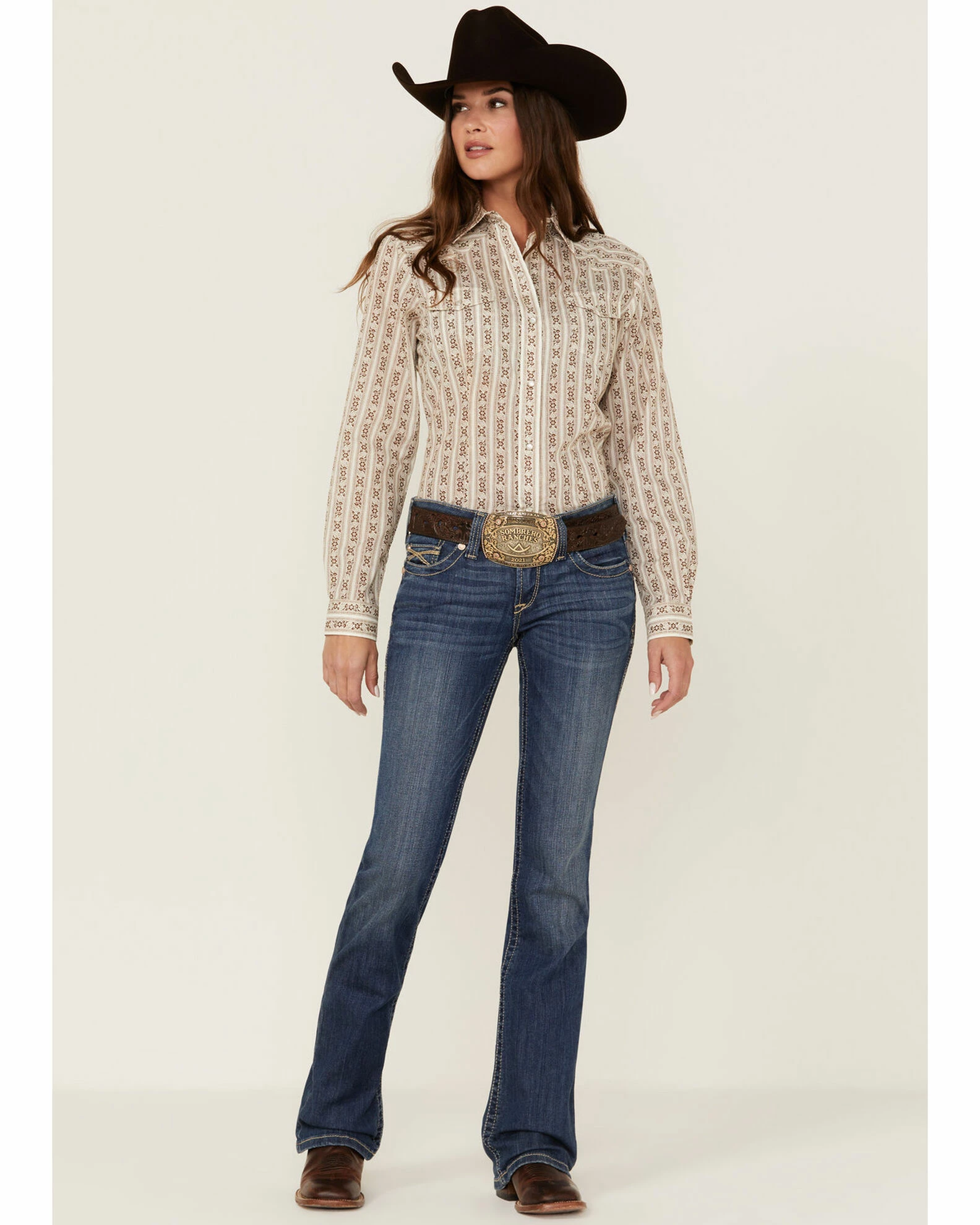 Roper Women's Floral Stripe Print Long Sleeve Snap Western Shirt Brown 6 Roper Women's Floral Stripe Print Long Sleeve Snap Western Shirt Brown - Image 4