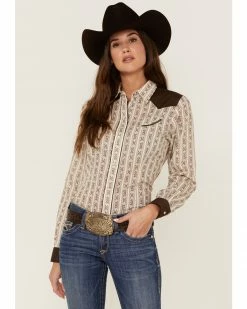 Roper Women's Retro Floral Stripe Wallpaper Print Long Sleeve Western Snap Shirt Brown -Roper Shop 2000358928 200 P1 1
