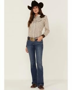 Roper Women's Retro Floral Stripe Wallpaper Print Long Sleeve Western Snap Shirt Brown -Roper Shop 2000358928 200 P4