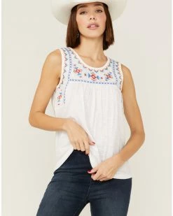 Roper Women's Sleeveless Cross-Stitch Embroidered Southwestern Peasant Top White