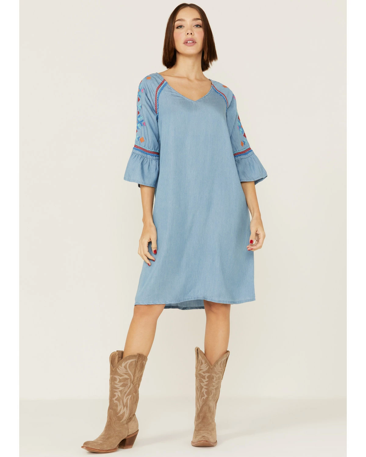 Roper Women's Southwestern Embroidered Bell Sleeve Denim Dress Blue 7 Roper Women's Southwestern Embroidered Bell Sleeve Denim Dress Blue - Image 5