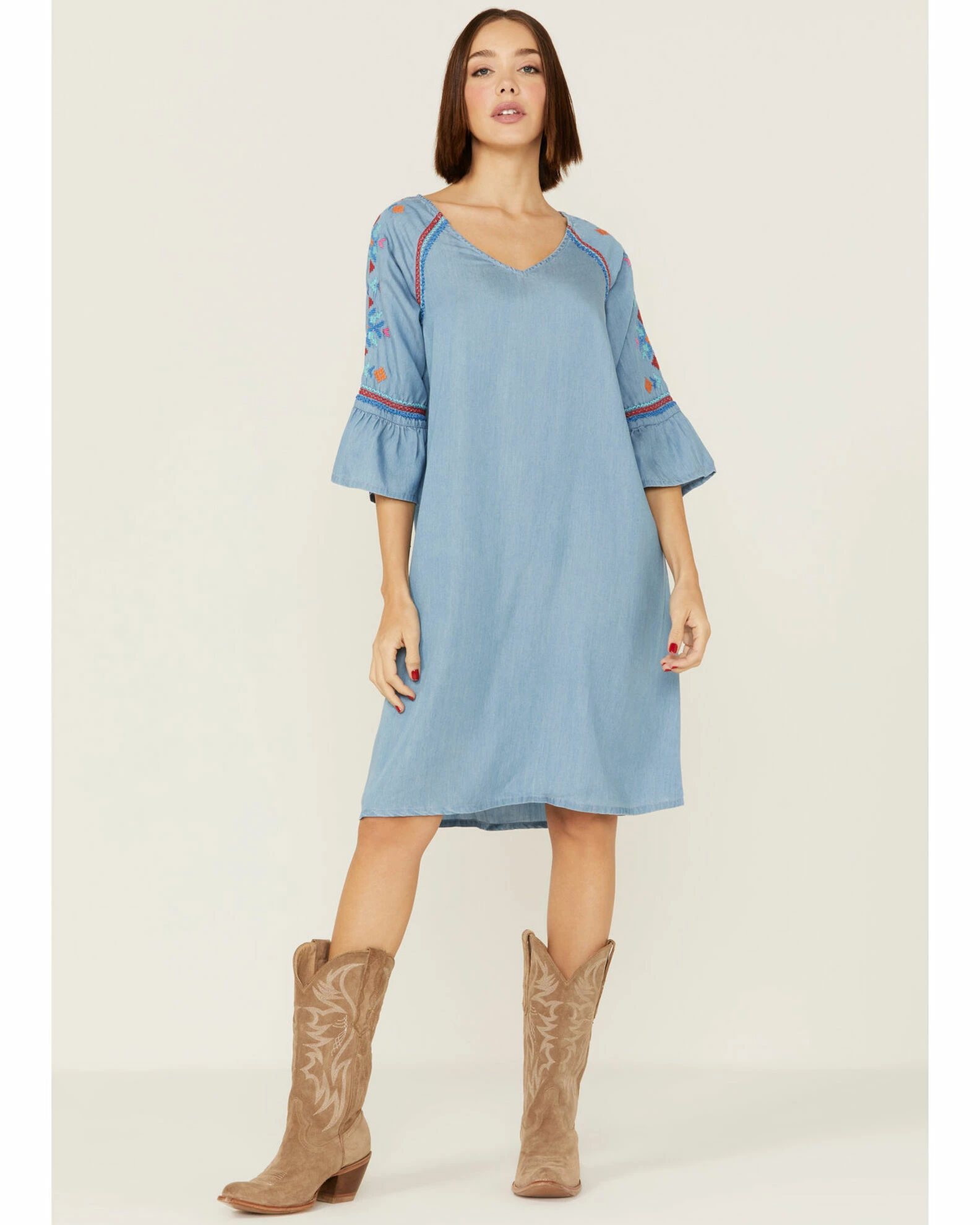 Roper Women's Southwestern Embroidered Bell Sleeve Denim Dress Blue 3 Roper Women's Southwestern Embroidered Bell Sleeve Denim Dress Blue