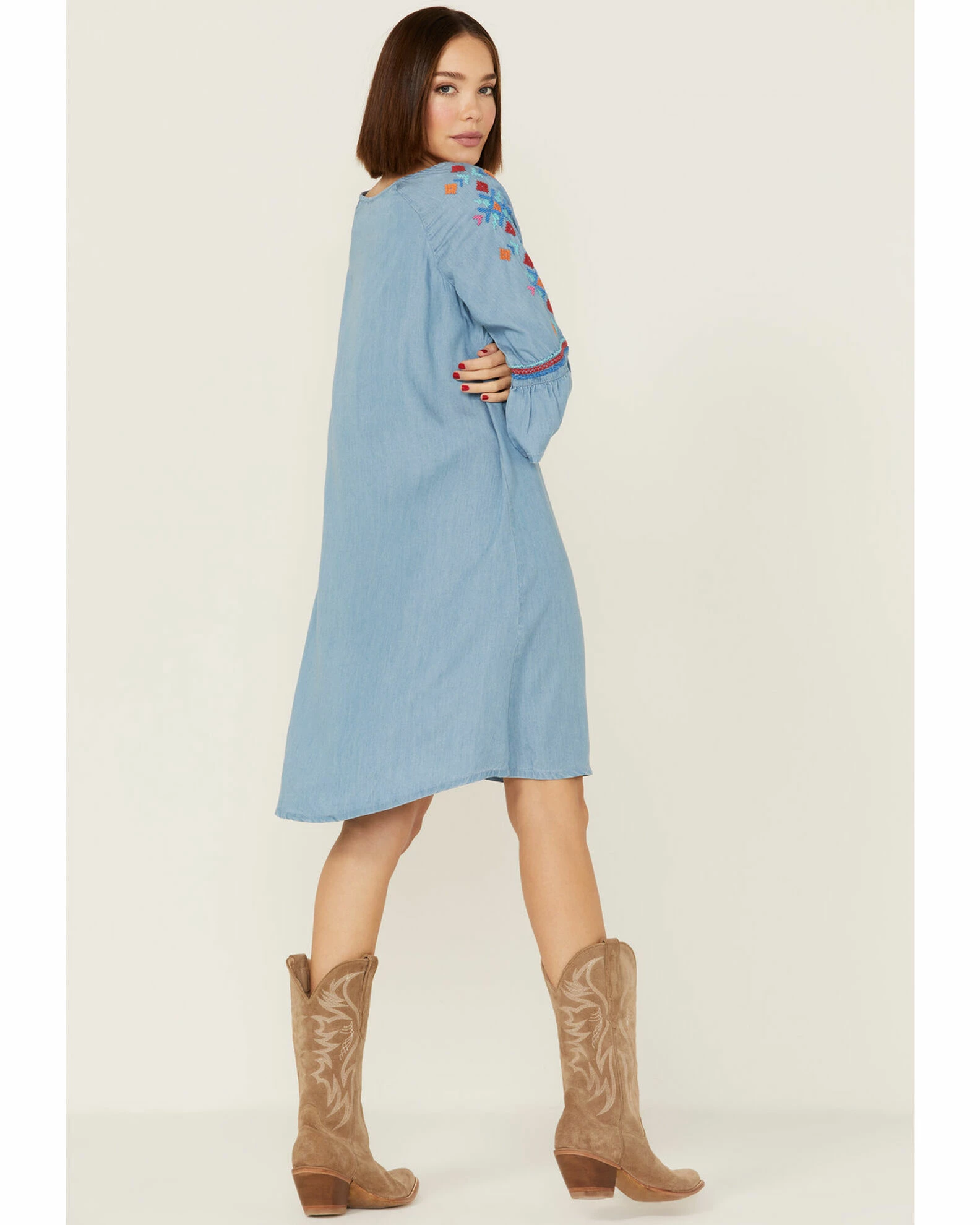 Roper Women's Southwestern Embroidered Bell Sleeve Denim Dress Blue 5 Roper Women's Southwestern Embroidered Bell Sleeve Denim Dress Blue - Image 3