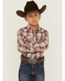 Roper Boys' Plaid Print Long Sleeve Snap Western Shirt Brown