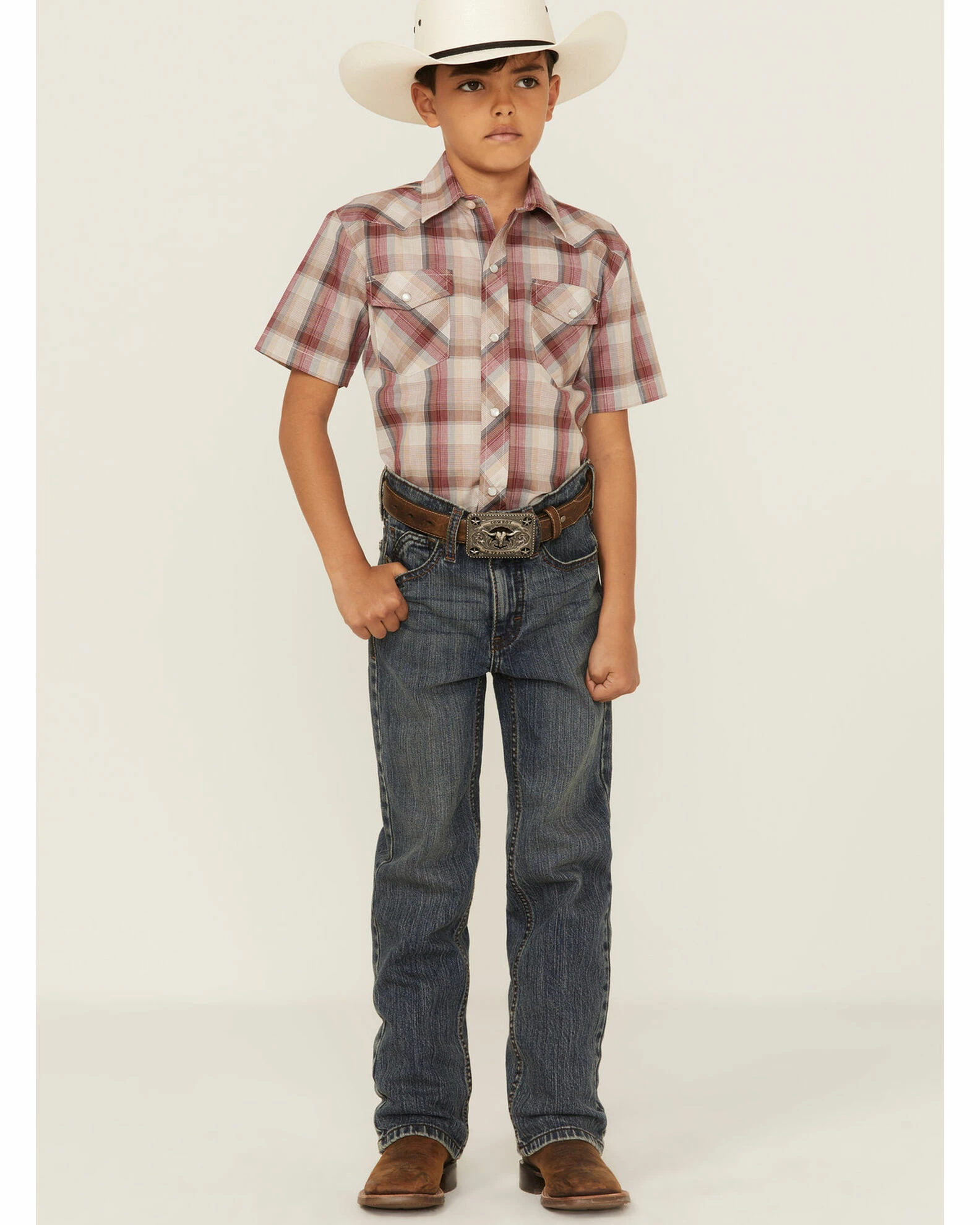 Roper Boy's Plaid Print Short Sleeve Snap Western Shirt For Boys' Brown 4 Roper Boy's Plaid Print Short Sleeve Snap Western Shirt For Boys' Brown - Image 2