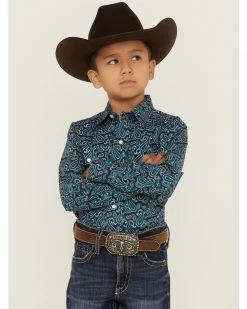 Roper Boys' Paisley Print Long Sleeve Snap Western Shirt Green