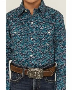 Roper Boys' Paisley Print Long Sleeve Snap Western Shirt  Green -Roper Shop 2000359097 300 P3