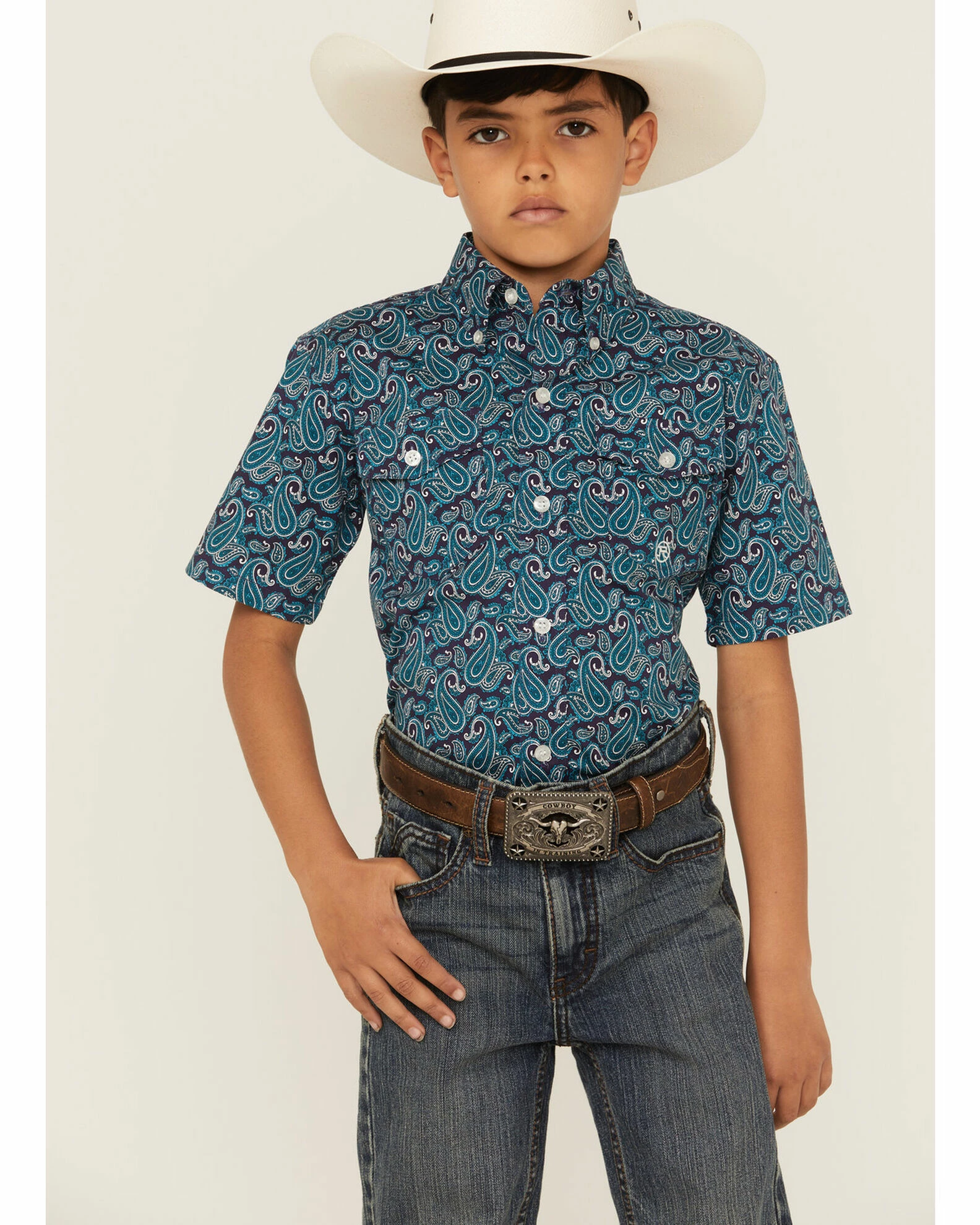 Roper Boys' Paisley Print Short Sleeve Button-Down Western Shirt Green 3 Roper Boys' Paisley Print Short Sleeve Button-Down Western Shirt Green
