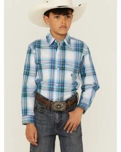 Roper Boys' Plaid Print Long Sleeve Snap Western Shirt Blue -Roper Shop 2000359099 400 P1 1