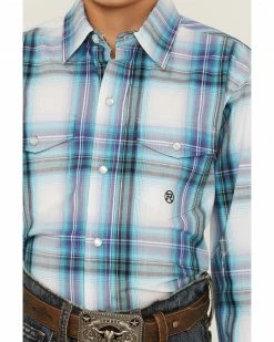 Roper Boys' Plaid Print Long Sleeve Snap Western Shirt Blue -Roper Shop 2000359099 400 P3