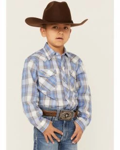 Roper Boys' Classic Plaid Print Long Sleeve Western Snap Shirt Blue