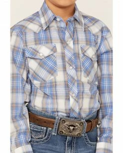 Roper Boys' Classic Plaid Print Long Sleeve Western Snap Shirt Blue -Roper Shop 2000359109 400 P3