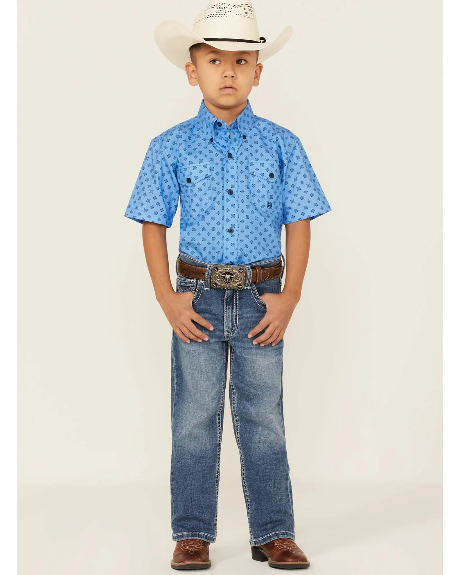 Roper Boys' Amarillo Geo Print Short Sleeve Western Button-Down Shirt Blue 4 Roper Boys' Amarillo Geo Print Short Sleeve Western Button-Down Shirt Blue - Image 2