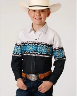 Roper Boys' Vintage Southwestern Border Print Long Sleeve Western Snap Shirt Black 7 Roper Boys' Vintage Southwestern Border Print Long Sleeve Western Snap Shirt Black -Roper Shop 2000359113 001 P1 1