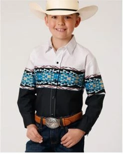 Roper Boys' Vintage Southwestern Border Print Long Sleeve Western Snap Shirt Black