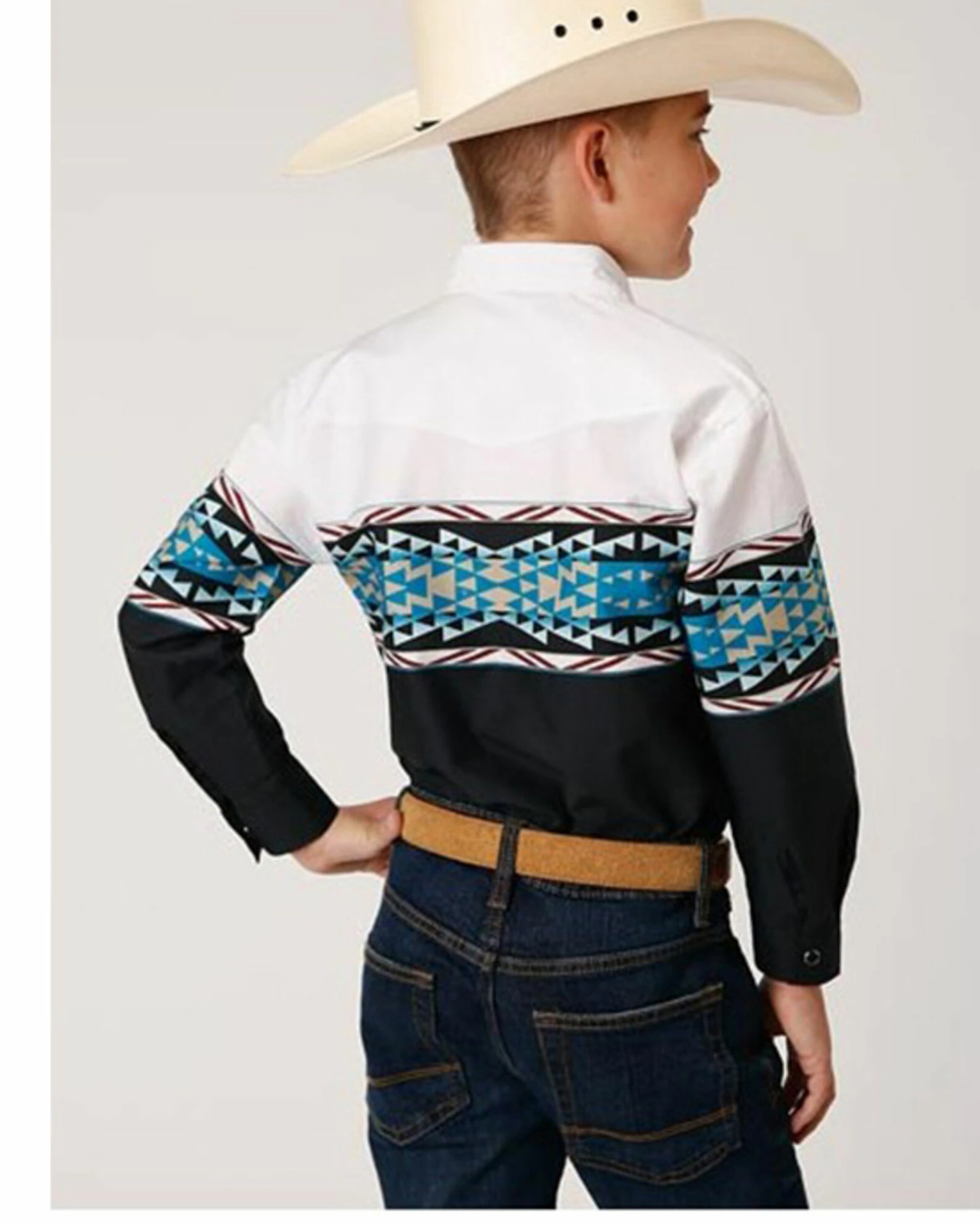 Roper Boys' Vintage Southwestern Border Print Long Sleeve Western Snap Shirt Black 4 Roper Boys' Vintage Southwestern Border Print Long Sleeve Western Snap Shirt Black - Image 2