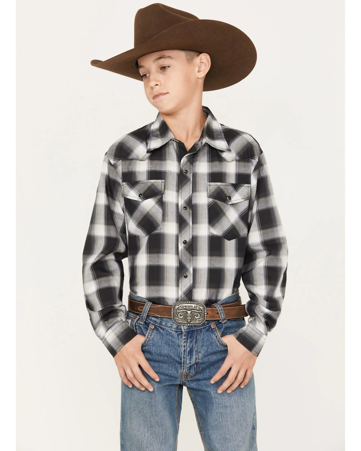 Roper Boys' Plaid Print Long Sleeve Snap Western Shirt Black 5 Roper Boys' Plaid Print Long Sleeve Snap Western Shirt Black - Image 3