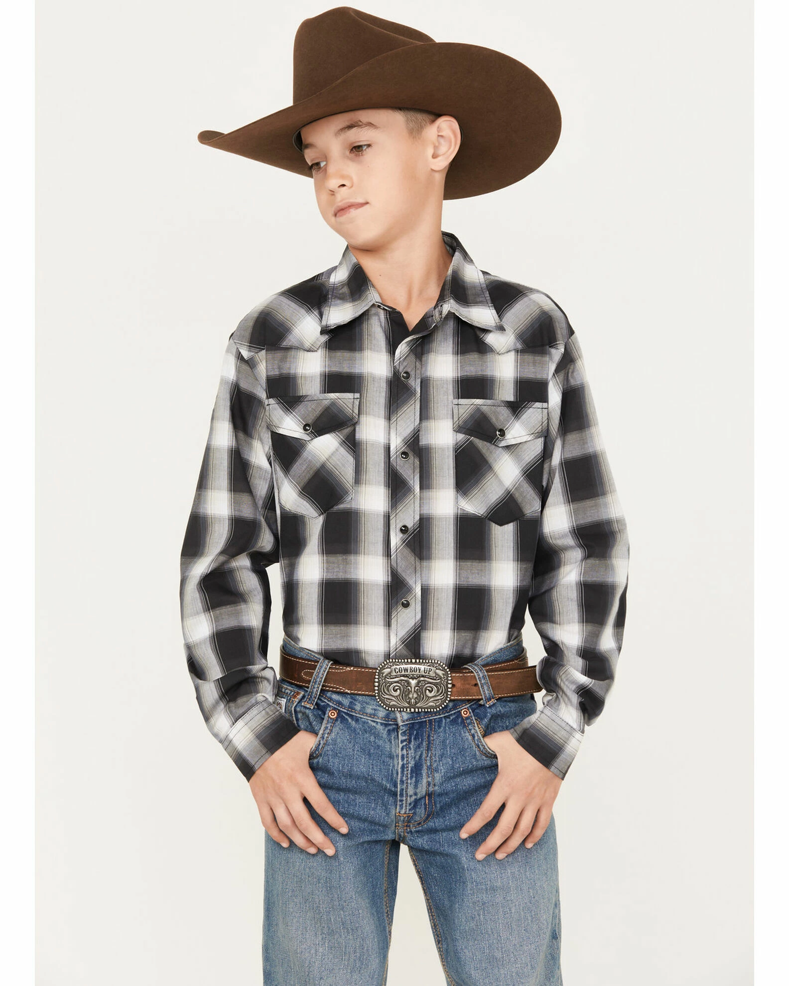 Roper Boys' Plaid Print Long Sleeve Snap Western Shirt Black 3 Roper Boys' Plaid Print Long Sleeve Snap Western Shirt Black