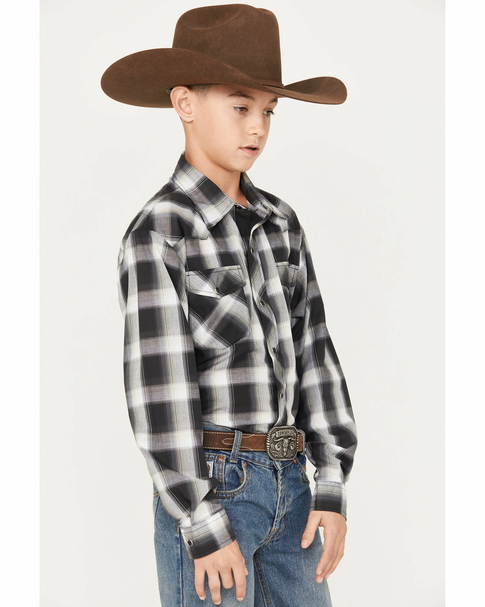Roper Boys' Plaid Print Long Sleeve Snap Western Shirt Black 4 Roper Boys' Plaid Print Long Sleeve Snap Western Shirt Black - Image 2