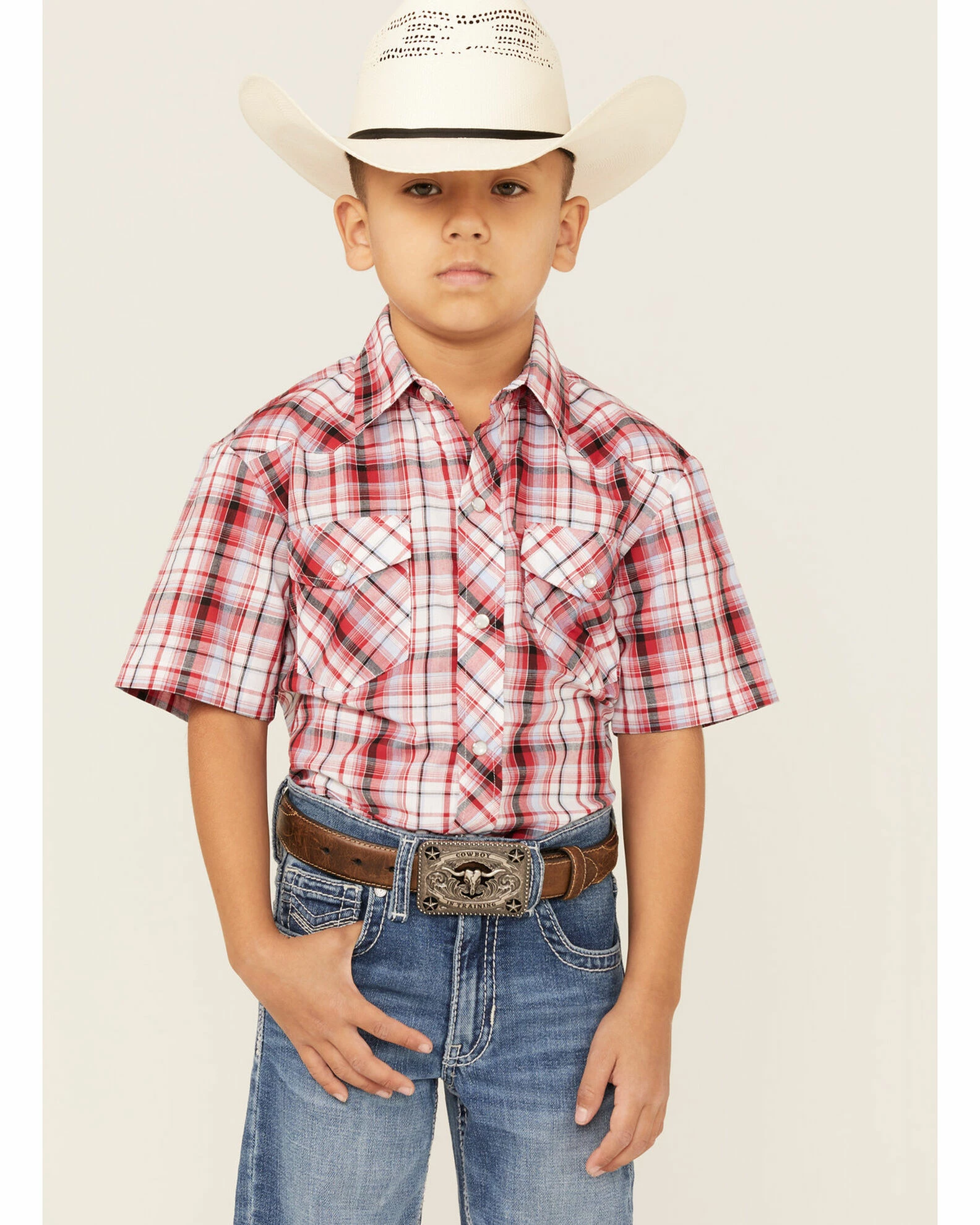 Roper Boys' Classic Plaid Print Short Sleeve Western Snap Shirt Red 3 Roper Boys' Classic Plaid Print Short Sleeve Western Snap Shirt Red