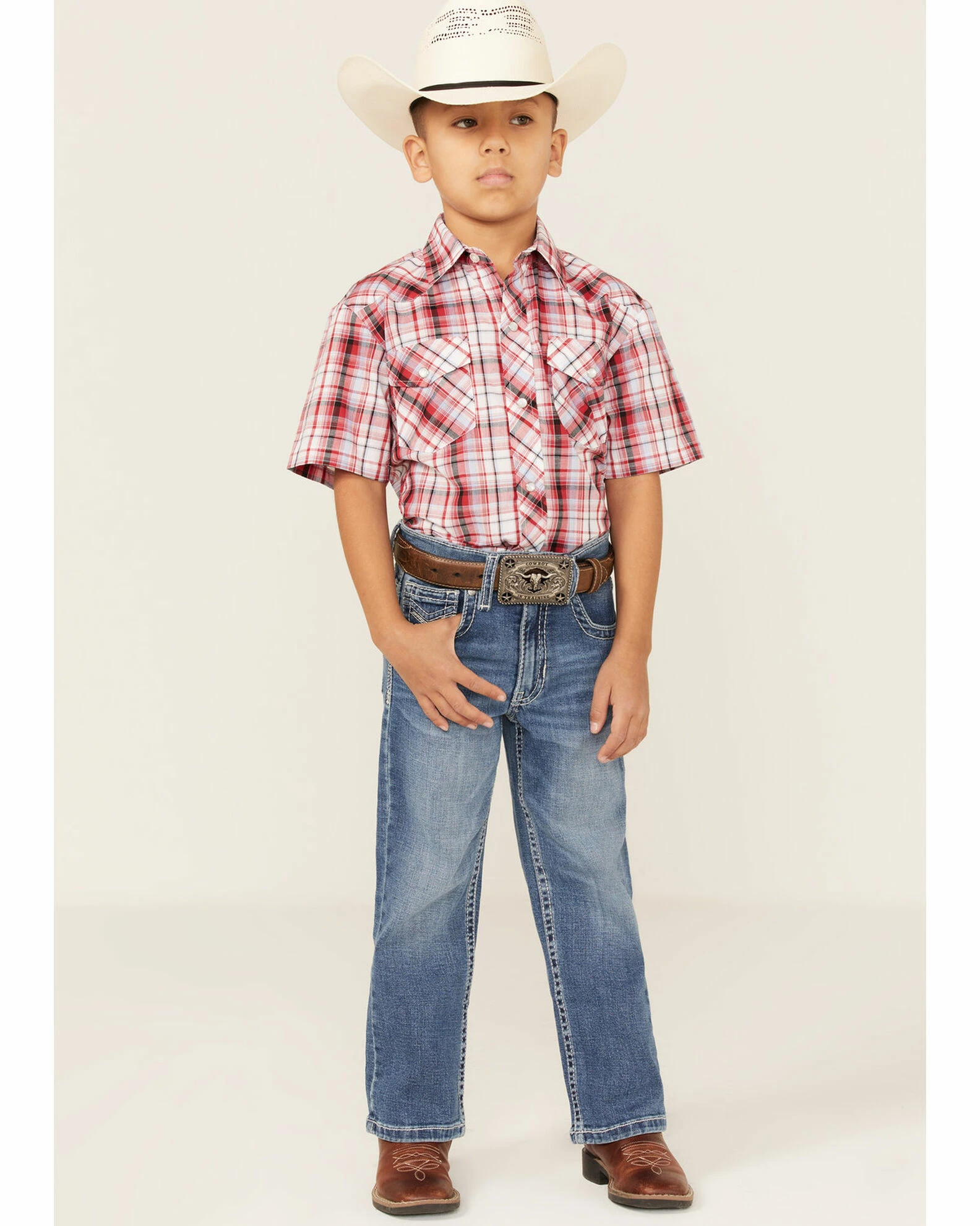 Roper Boys' Classic Plaid Print Short Sleeve Western Snap Shirt Red 4 Roper Boys' Classic Plaid Print Short Sleeve Western Snap Shirt Red - Image 2