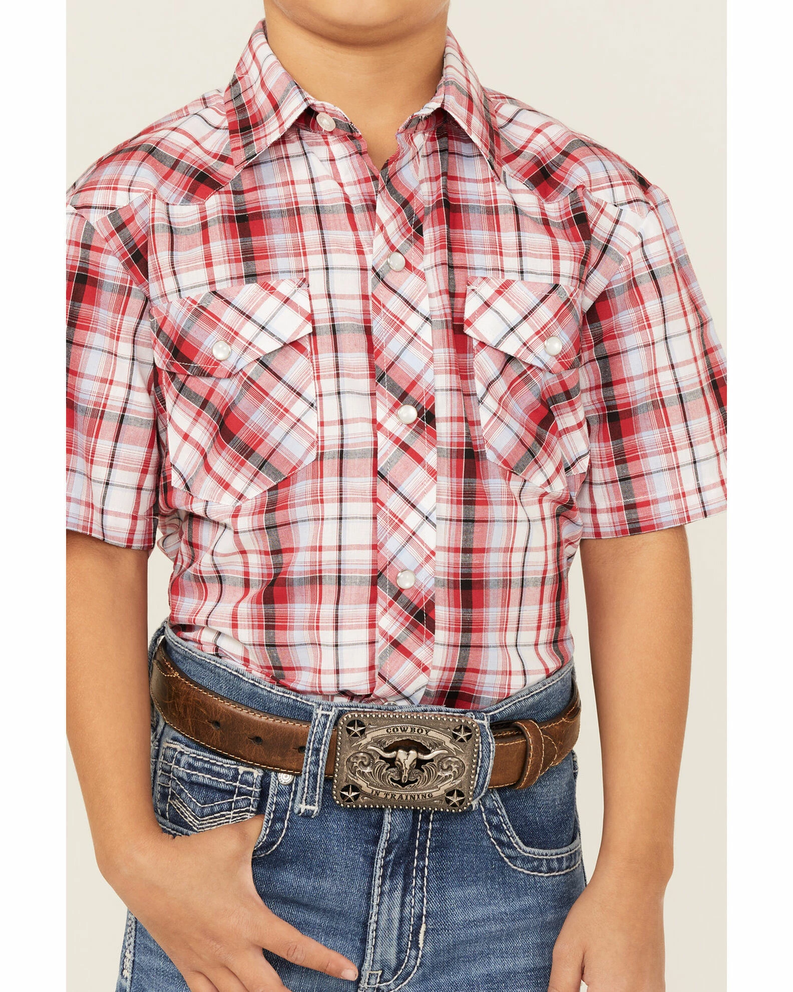 Roper Boys' Classic Plaid Print Short Sleeve Western Snap Shirt Red 5 Roper Boys' Classic Plaid Print Short Sleeve Western Snap Shirt Red - Image 3