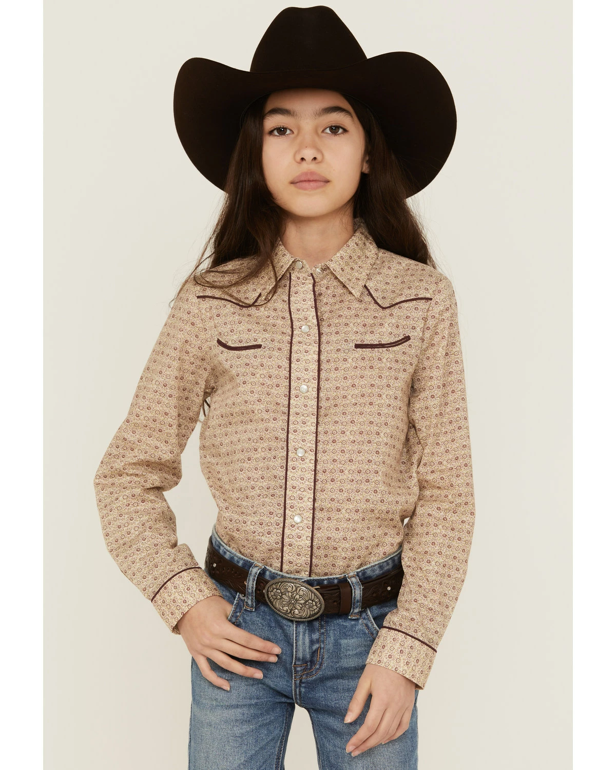 Roper Girls' Floral Print Long Sleeve Western Snap Shirt Tan 7 Roper Girls' Floral Print Long Sleeve Western Snap Shirt Tan - Image 5