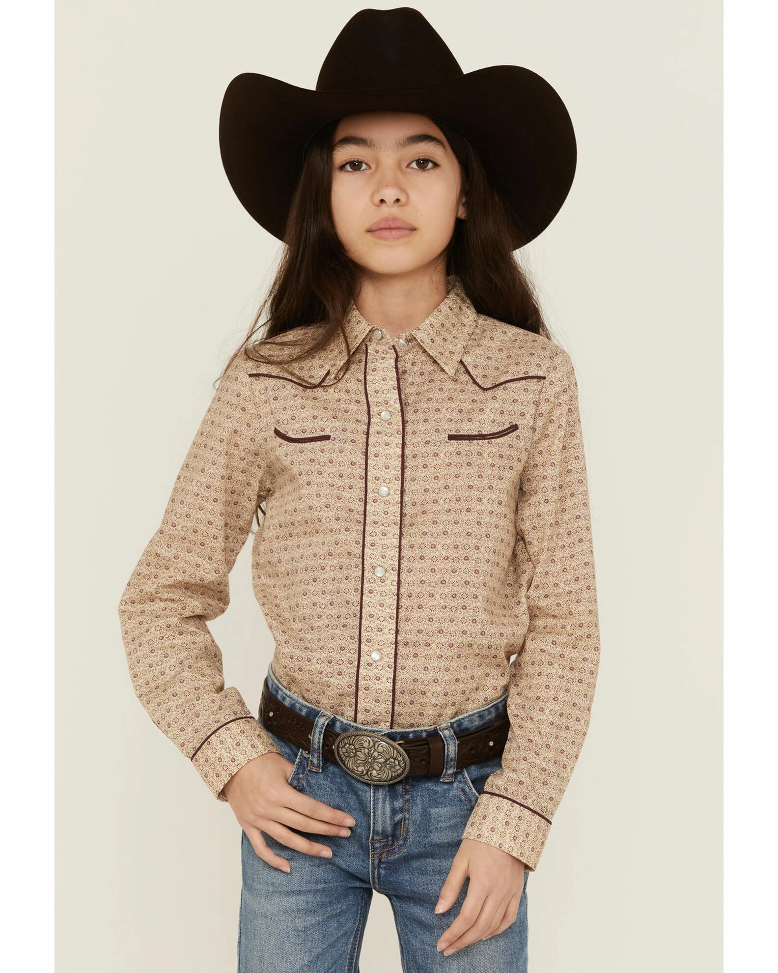 Roper Girls' Floral Print Long Sleeve Western Snap Shirt Tan 3 Roper Girls' Floral Print Long Sleeve Western Snap Shirt Tan