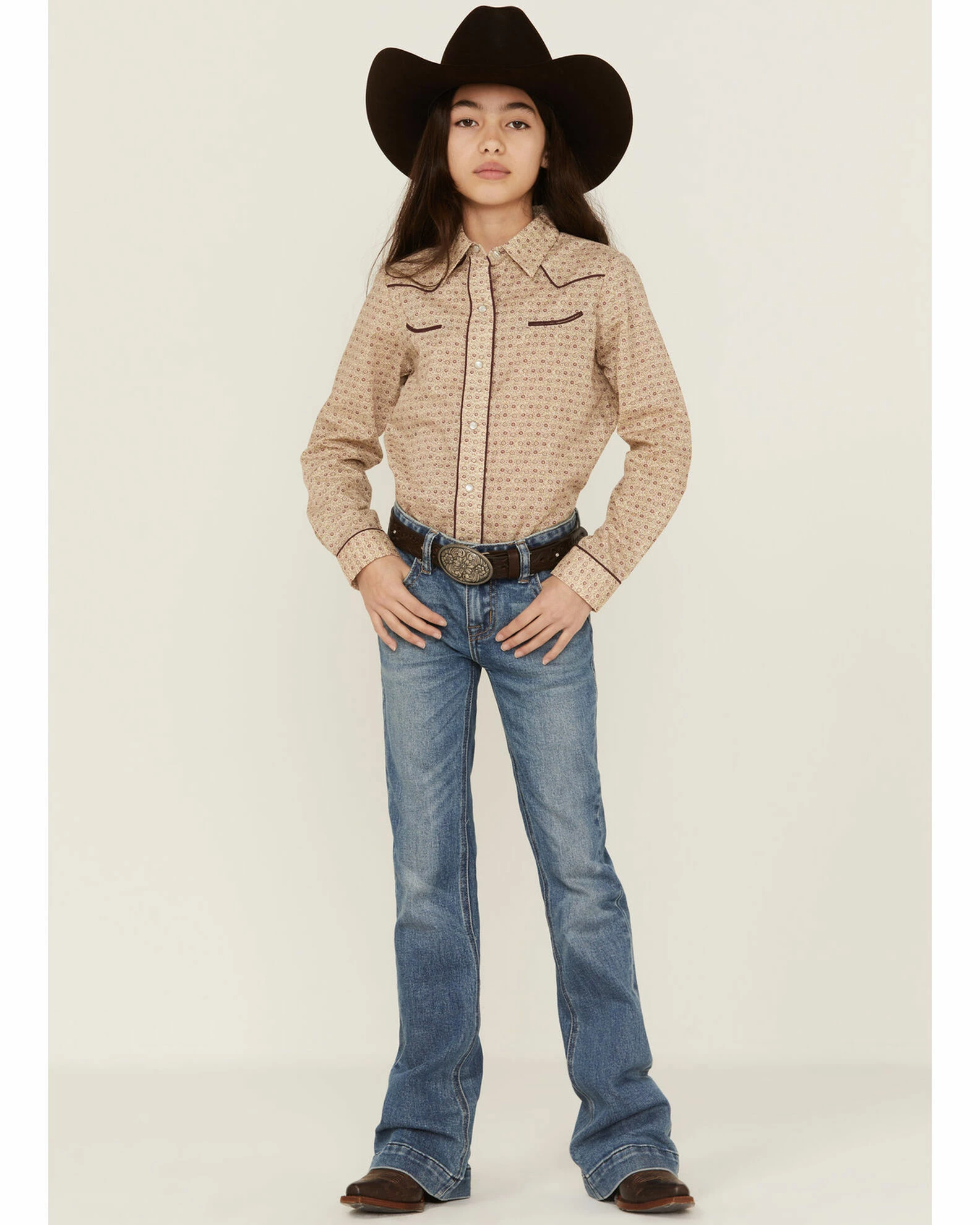 Roper Girls' Floral Print Long Sleeve Western Snap Shirt Tan 4 Roper Girls' Floral Print Long Sleeve Western Snap Shirt Tan - Image 2