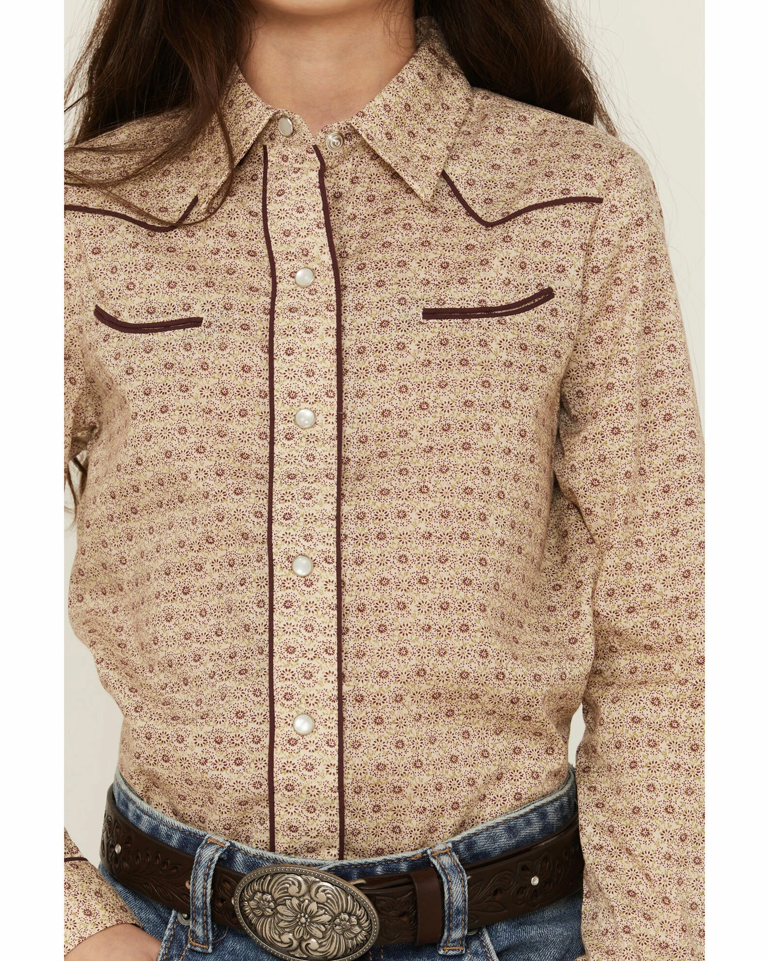 Roper Girls' Floral Print Long Sleeve Western Snap Shirt Tan 5 Roper Girls' Floral Print Long Sleeve Western Snap Shirt Tan - Image 3