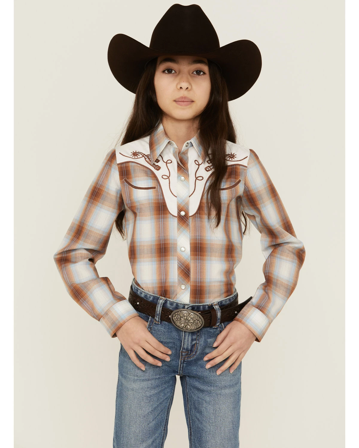 Roper Girls' Plaid Print Embroidered Long Sleeve Western Snap Shirt Brown 7 Roper Girls' Plaid Print Embroidered Long Sleeve Western Snap Shirt Brown - Image 5