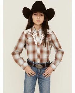 Roper Girls' Plaid Print Embroidered Long Sleeve Western Snap Shirt Brown
