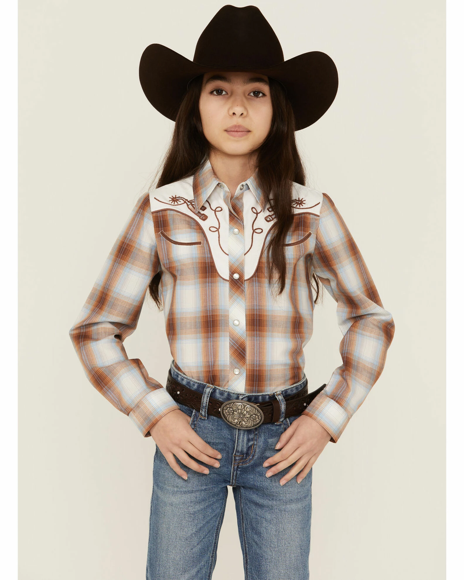 Roper Girls' Plaid Print Embroidered Long Sleeve Western Snap Shirt Brown 3 Roper Girls' Plaid Print Embroidered Long Sleeve Western Snap Shirt Brown