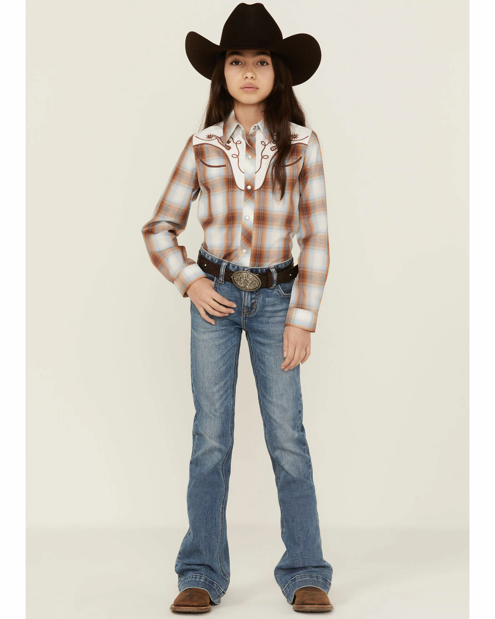 Roper Girls' Plaid Print Embroidered Long Sleeve Western Snap Shirt Brown 4 Roper Girls' Plaid Print Embroidered Long Sleeve Western Snap Shirt Brown - Image 2