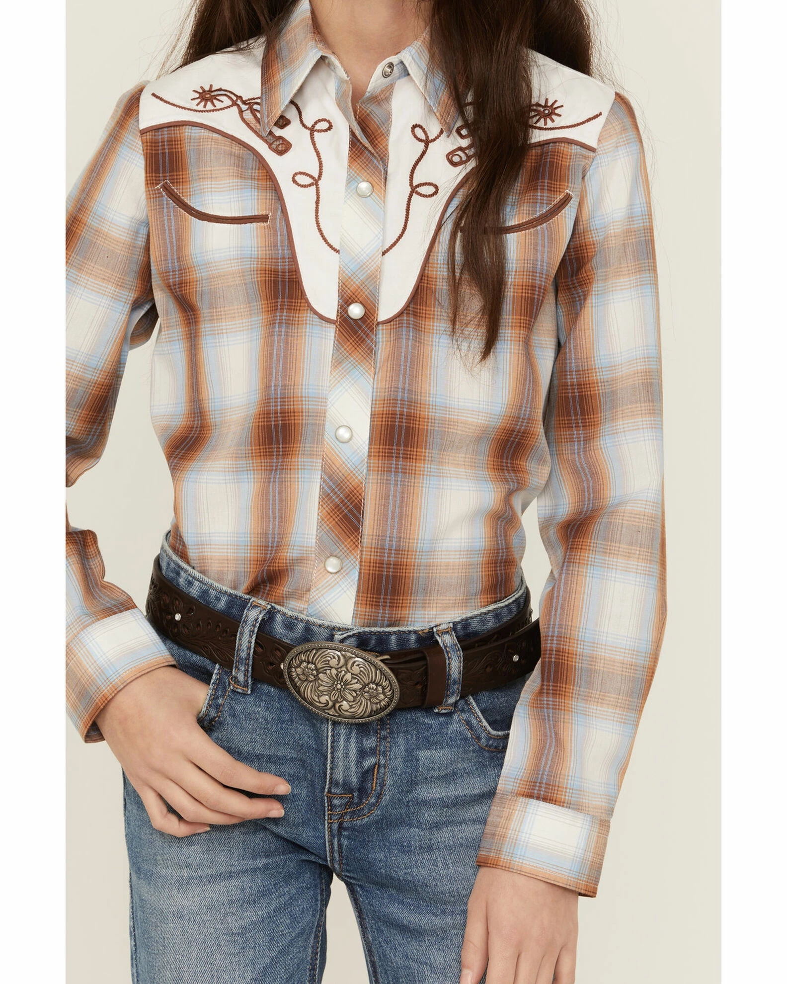 Roper Girls' Plaid Print Embroidered Long Sleeve Western Snap Shirt Brown 5 Roper Girls' Plaid Print Embroidered Long Sleeve Western Snap Shirt Brown - Image 3