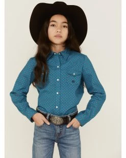Roper Girls' Amarillo Geo Print Long Sleeve Western Snap Shirt Sage