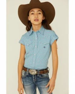 Roper Girls' Plaid Print Short Sleeve Snap Western Shirt Blue -Roper Shop 2000359171 400 P1 1