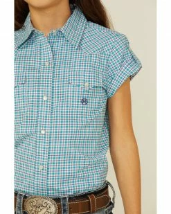 Roper Girls' Plaid Print Short Sleeve Snap Western Shirt Blue -Roper Shop 2000359171 400 P3