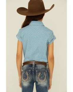 Roper Girls' Plaid Print Short Sleeve Snap Western Shirt Blue -Roper Shop 2000359171 400 P4