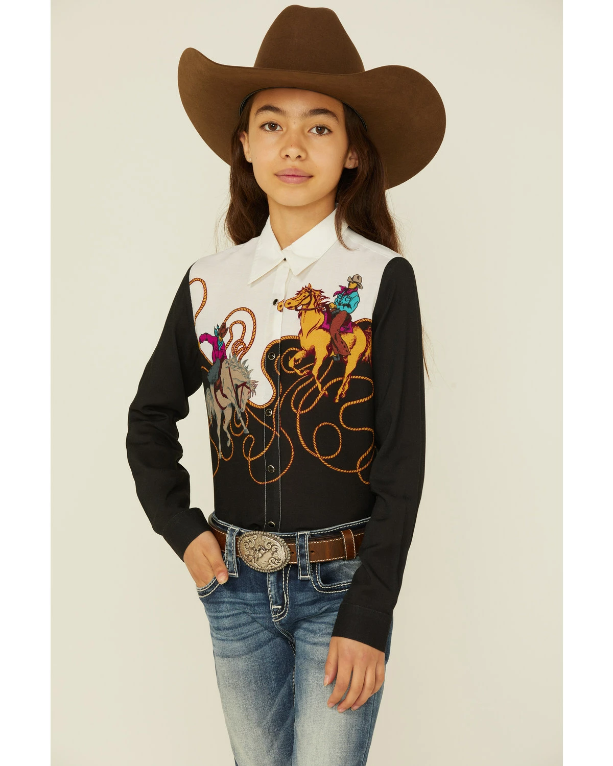Roper Girls' Retro Border Print Western Rodeo Snap Shirt Black 7 Roper Girls' Retro Border Print Western Rodeo Snap Shirt Black - Image 5